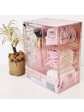 NWT Thinkspace Beauty 140 Pieces Clear Pink Organizer Set 4 Brushes, Cotton etc